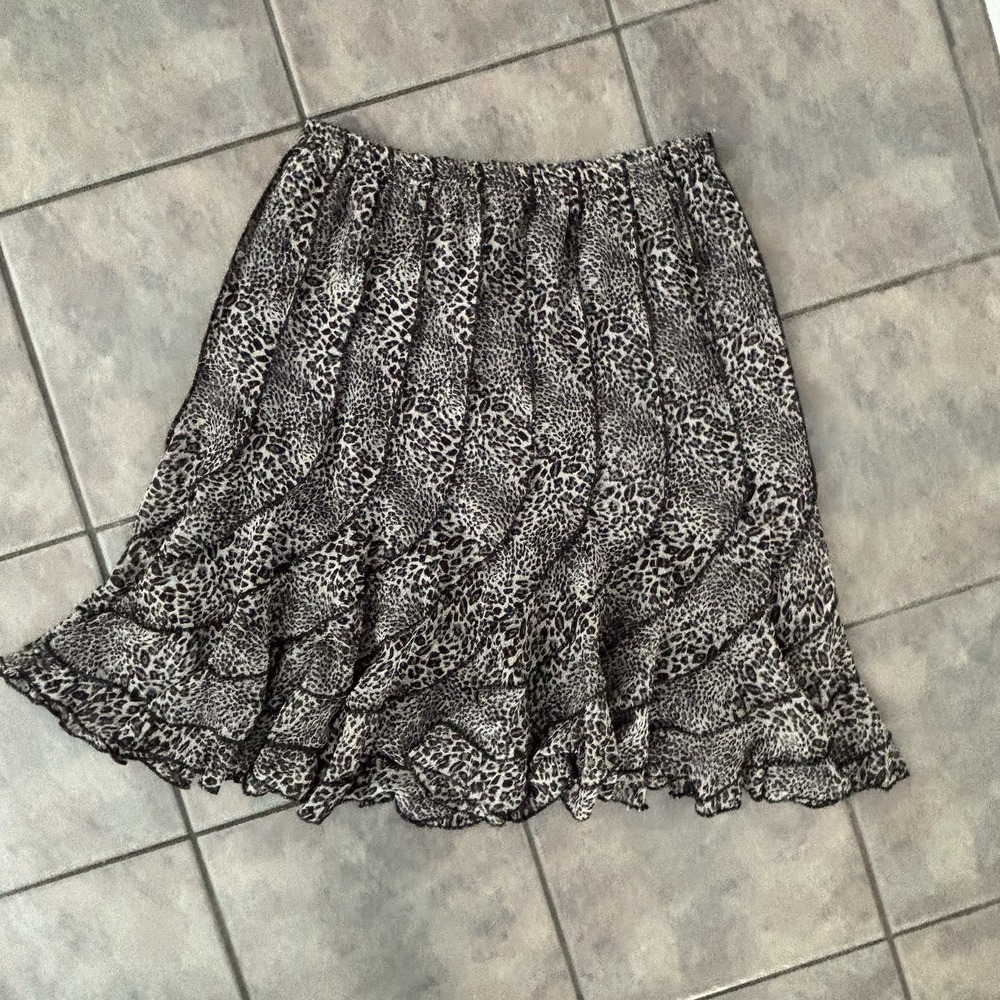 Fairy Boho Leopard Gray Print Panel Skirt Ruffle Hem Vintage Size XL Whimsical